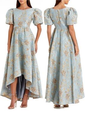 Mac Duggal Light Blue and Gold Puff-Sleeve High-Low Jacquard Gown #11608 Sz: 8